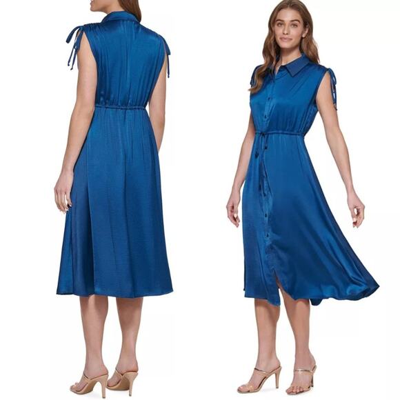 DKNY Tie-Shoulder Collared Button-Down Midi Dress in Dark Jade – NWT Size 12 - Picture 3 of 4